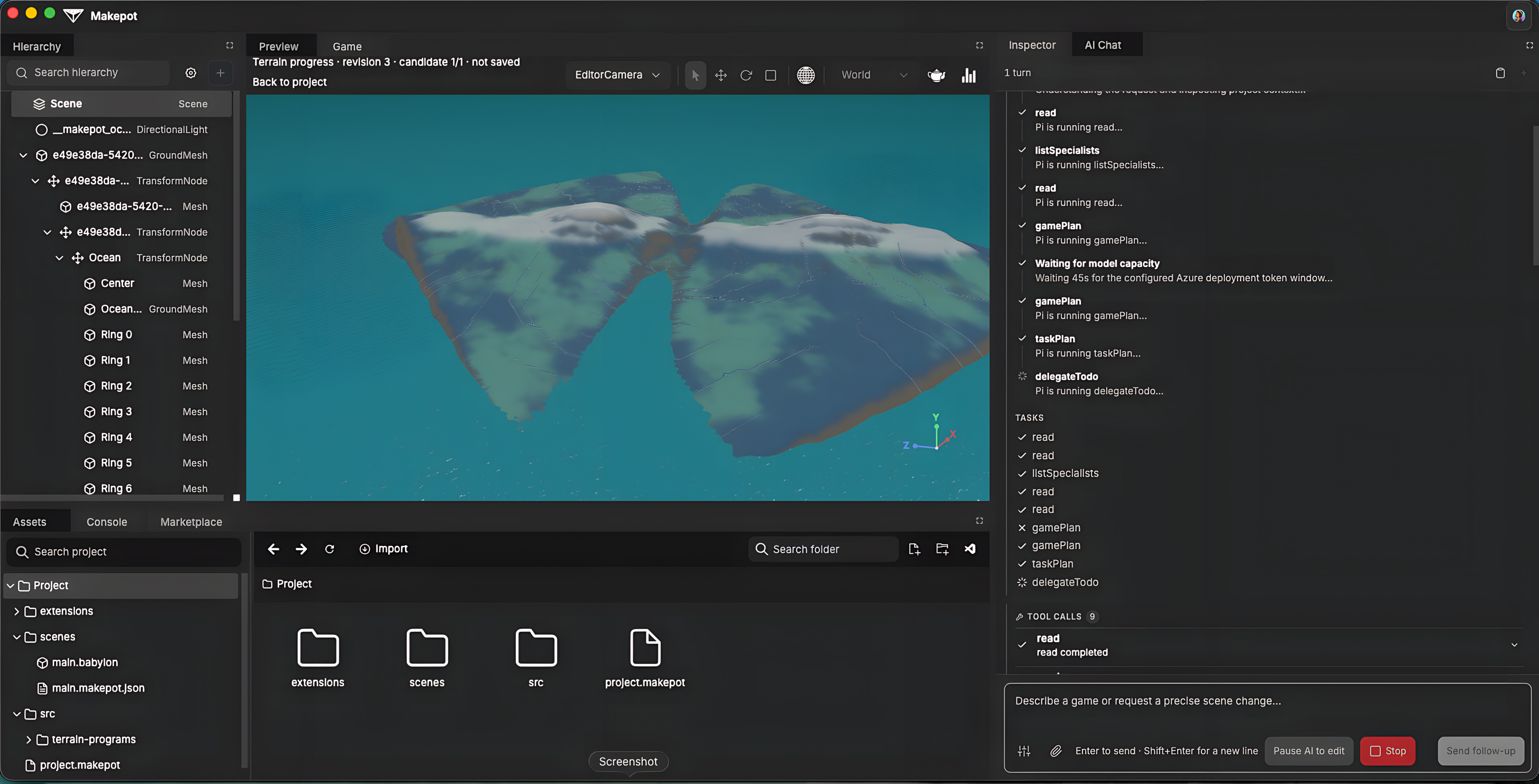 Makepot’s desktop editor with island terrain, scene hierarchy, assets, and an AI assistant